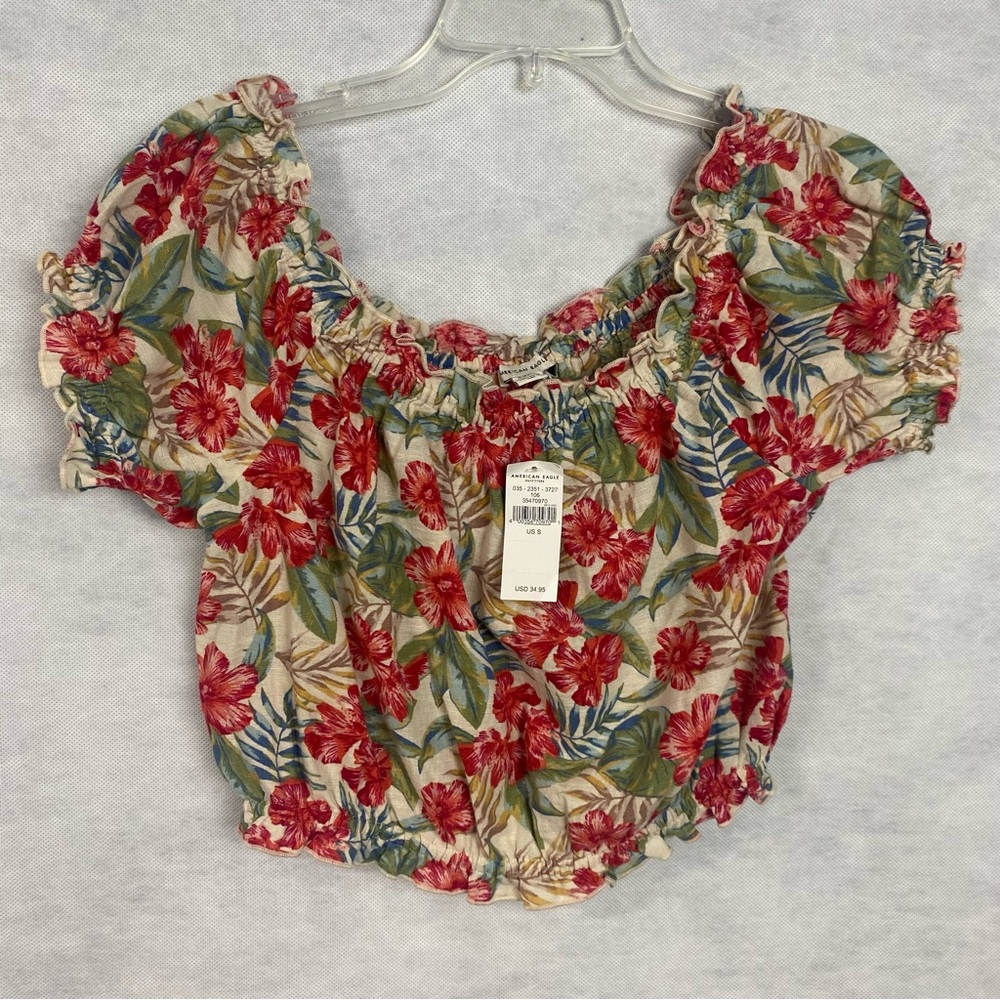 American Eagle Sz S Tropical Palm Floral Off Shoulder Crop Top Ruffle Hem Boho